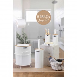 Round Toilet Paper Holder With Stand Wooden Look / 6-Piece Mina Bathroom Set - White
