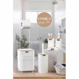 Square Toilet Paper Holder With Stand Wooden Look / 6-Piece Mina Bathroom Set - White