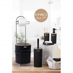 Round Toilet Paper Holder With Stand Wooden Look / 6-Piece Mina Bathroom Set - Black