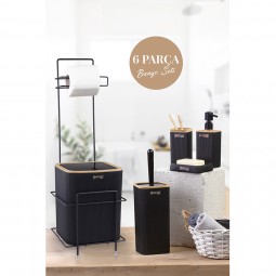 Square Toilet Paper Holder With Stand Wooden Look / 6-Piece Mina Bathroom Set - Black