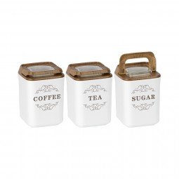 Wooden Vacuum Square Storage Jar Coffee Tea Sugar Set 3 pcs