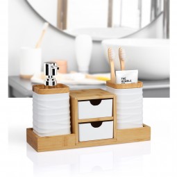 4 PCS Bathroom Accessory Set with Bamboo Tray / White