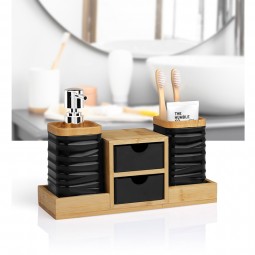 4 PCS Bathroom Accessory Set with Bamboo Tray / Black