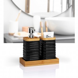 3 PCS Bathroom Accessory Set with Bamboo Tray / Black