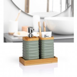 3 PCS Bathroom Accessory Set with Bamboo Tray / Green
