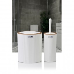 Round Striped 2-piece Trash Can and Toilet Brush White Wooden Look