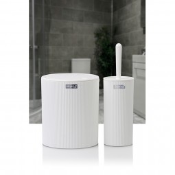 Round Striped 2-piece Trash Can and Toilet Brush White