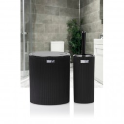 Round Striped 2-piece Trash Can and Toilet Brush Black