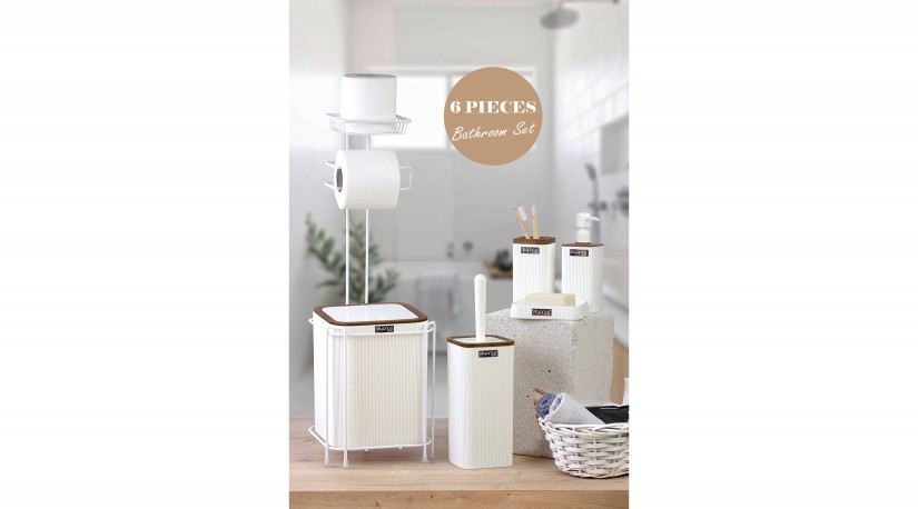 Square WC Stand/6 Pcs White & Wooden Bathroom Set/White