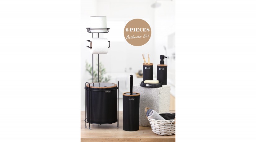 Replacement Round WC Paper Holder / Black-Wooden 6-Piece Mina Bathroom Set / Black