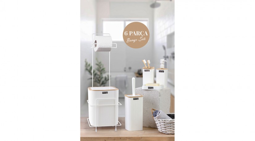 Square Toilet Paper Holder With Stand Wooden Look / 6-Piece Mina Bathroom Set - White