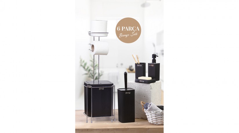 Square WC Stand/6 Pcs Black & Chrome Bathroom Set/Black
