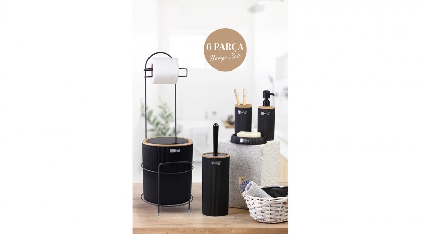 Round Toilet Paper Holder With Stand Wooden Look / 6-Piece Mina Bathroom Set - Black