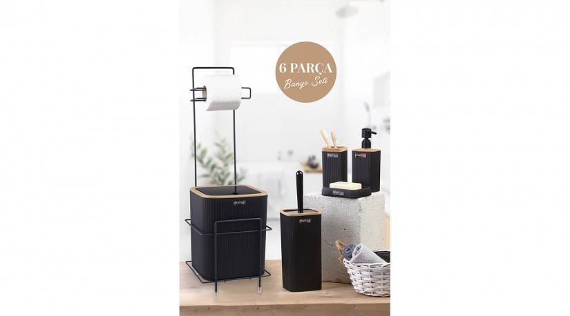 Square Toilet Paper Holder With Stand Wooden Look / 6-Piece Mina Bathroom Set - Black