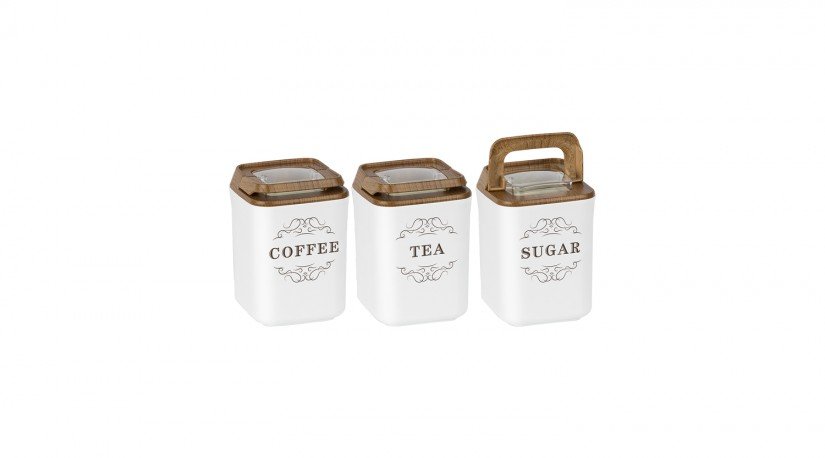 Wooden Vacuum Square Storage Jar Coffee Tea Sugar Set 3 pcs
