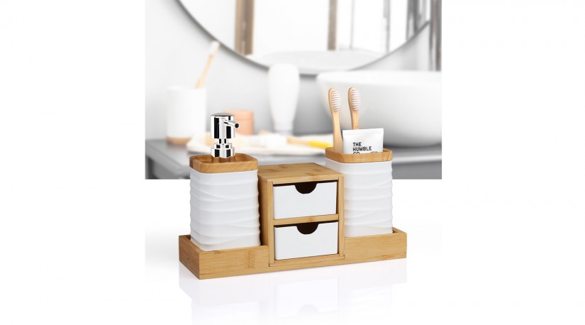 4 PCS Bathroom Accessory Set with Bamboo Tray / White