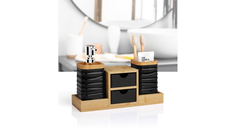 4 PCS Bathroom Accessory Set with Bamboo Tray / Black