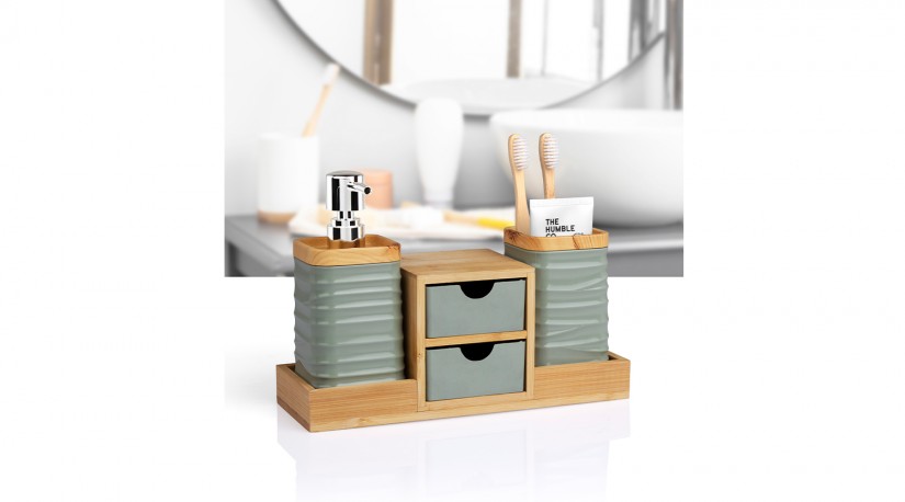 4 PCS Bathroom Accessory Set with Bamboo Tray / Green
