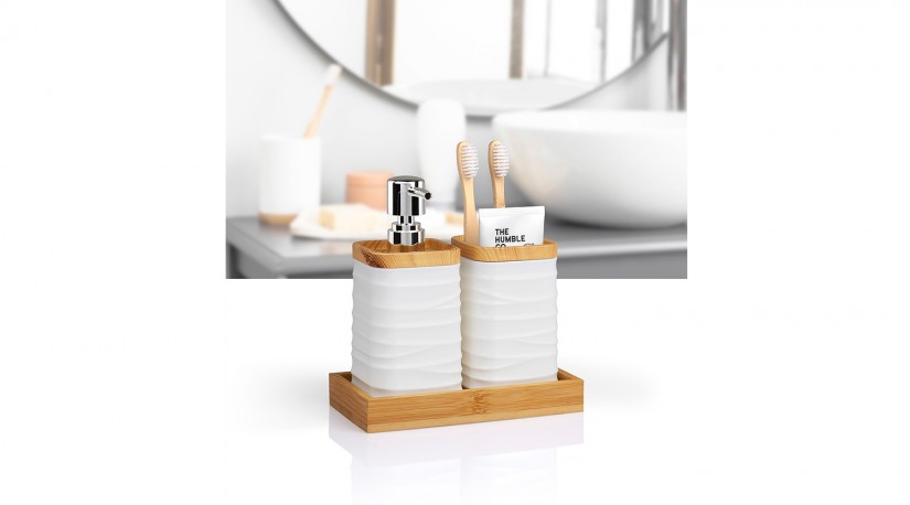 3 PCS Bathroom Accessory Set with Bamboo Tray / White