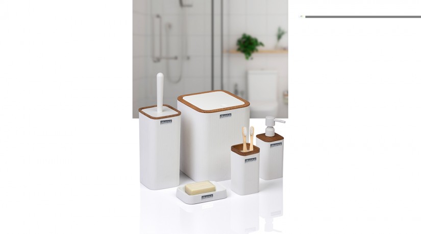 Mina Square  5 Pcs Bathroom Set - Wooden /White