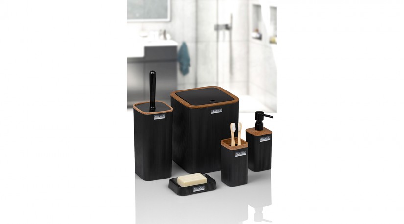 Mina Square  5 Pcs Bathroom Set - Wooden /Black