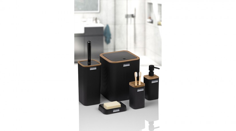 Mina Square 5 Pcs Bathroom Set / Wood Look / Black