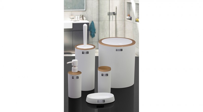 Round Striped 5-piece Bathroom Set White - Wooden Look