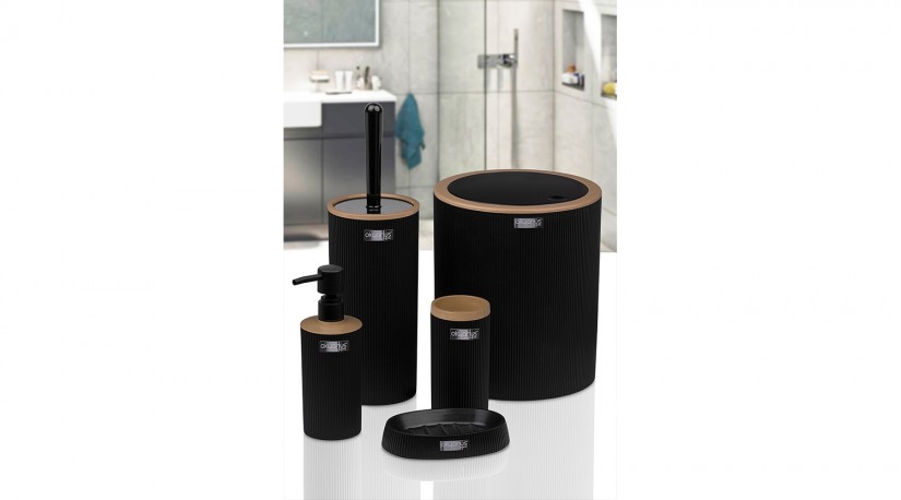 Round Striped 5-piece Bathroom Set Black - Wooden Look