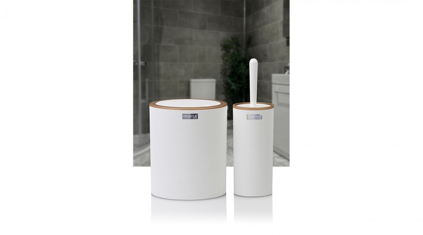 Round Striped 2-piece Trash Can and Toilet Brush White Wooden Look