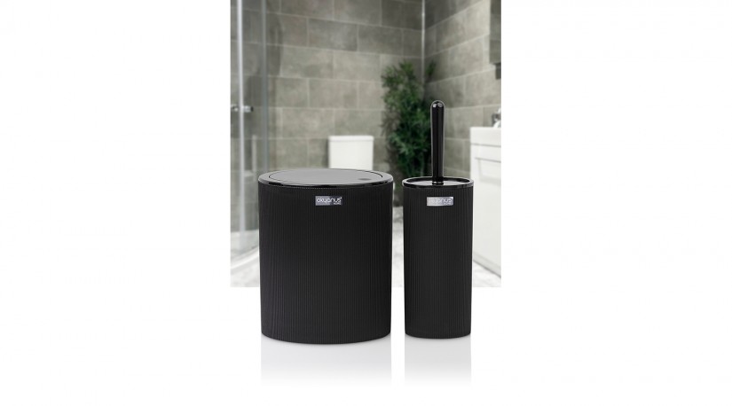 Round Striped 2-piece Trash Can and Toilet Brush Black