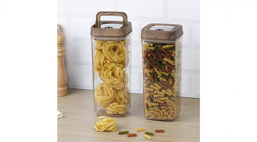 Vakumlu Erzak Kavanozu Kare 2’li Set No:5 Ahşap 1700 ML