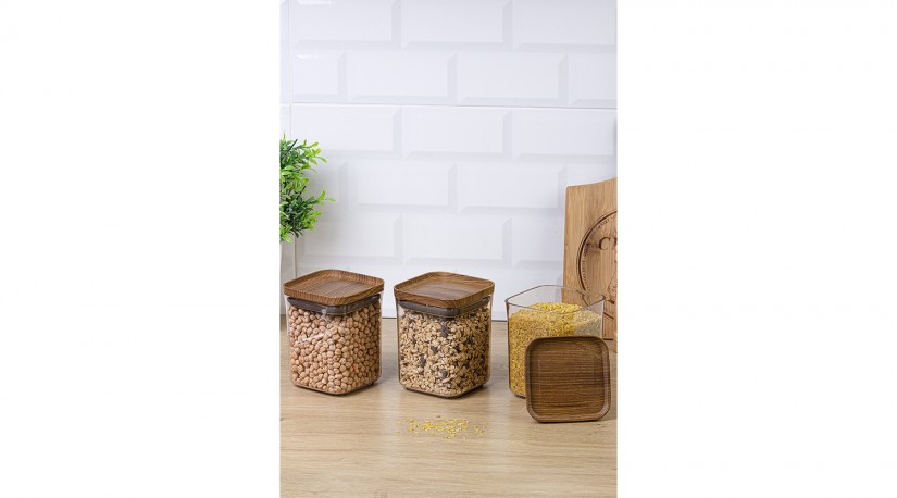 Pratik Erzak Kavanozu Kare 3’lü Set No:3 Ahşap 900 ML