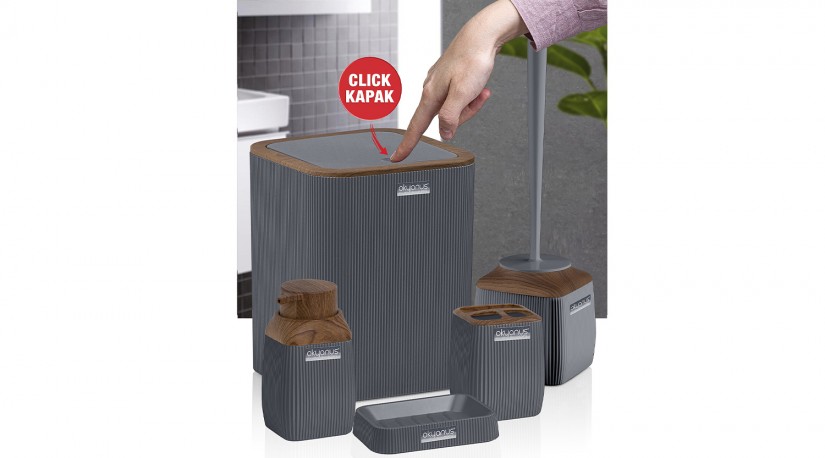 Çizgili Kare 5’li Banyo Seti  Ahşap - Antrasit