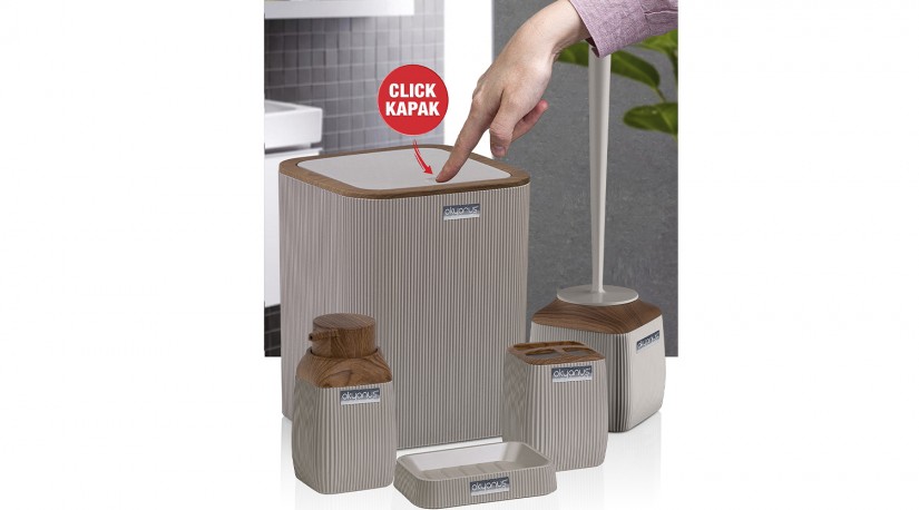 Çizgili Kare 5’li Banyo Seti  Ahşap - Vizon
