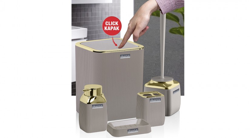 Çizgili Kare 5’li Banyo Seti Altın - Vizon