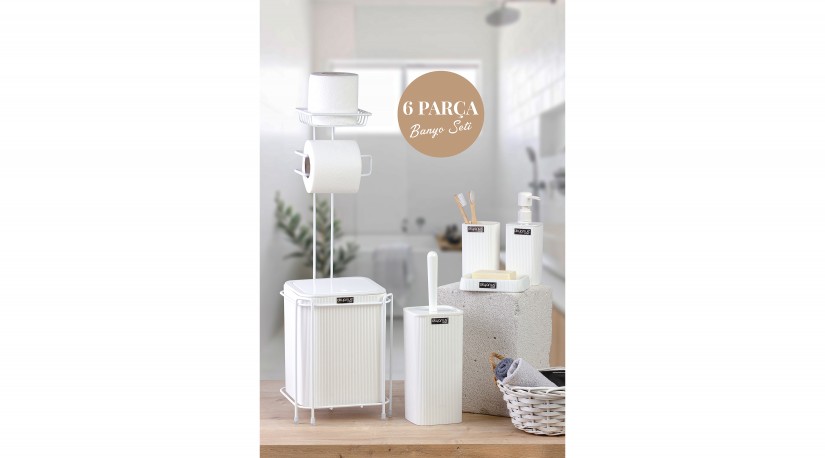 Yedekli Kare Wc Kağıtlık / Beyaz 6'lı Mina Banyo Seti / Beyaz