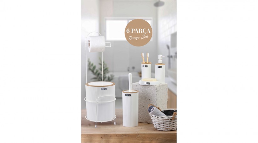 Stantlı Wc Kağıtlık Ahşap Görünümlü 6'lı Mina Çöp Kovası Yuvarlak / Beyaz