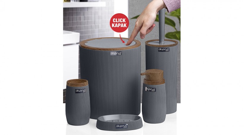 Çizgili Yuvarlak 5’li Banyo Seti Ahşap - Antrasit