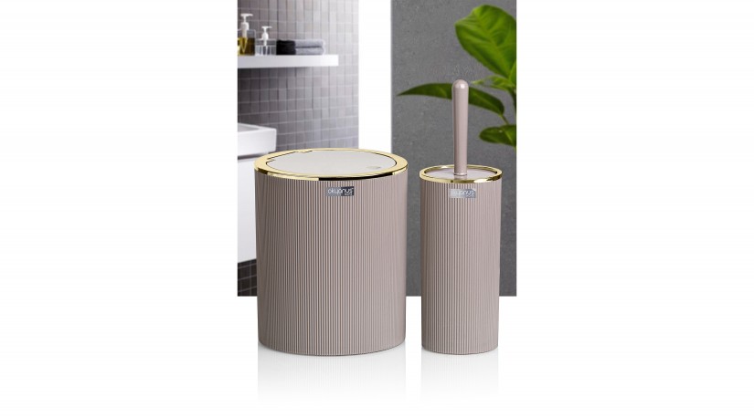 Çizgili Yuvarlak 2'li Banyo Seti Kahverengi - Altın